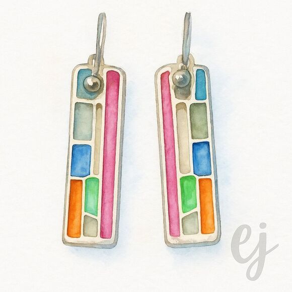 The Mondrian Pair – Colorblock Drop Earrings in Silver Tone – Geometric Design - Picture 1 of 8
